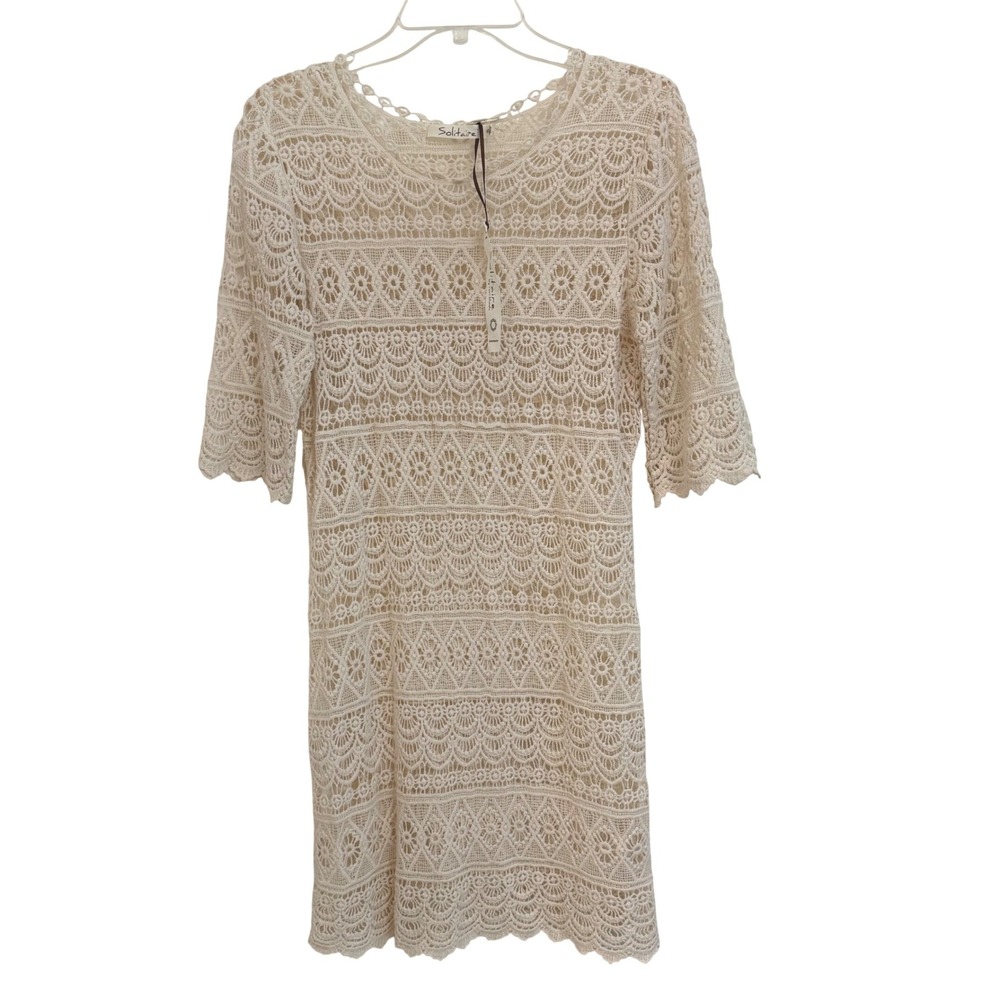 Solitaire by Ravi Khosla Cream Crochet Lace Mini Dress Short Sleeve Boho NWT M